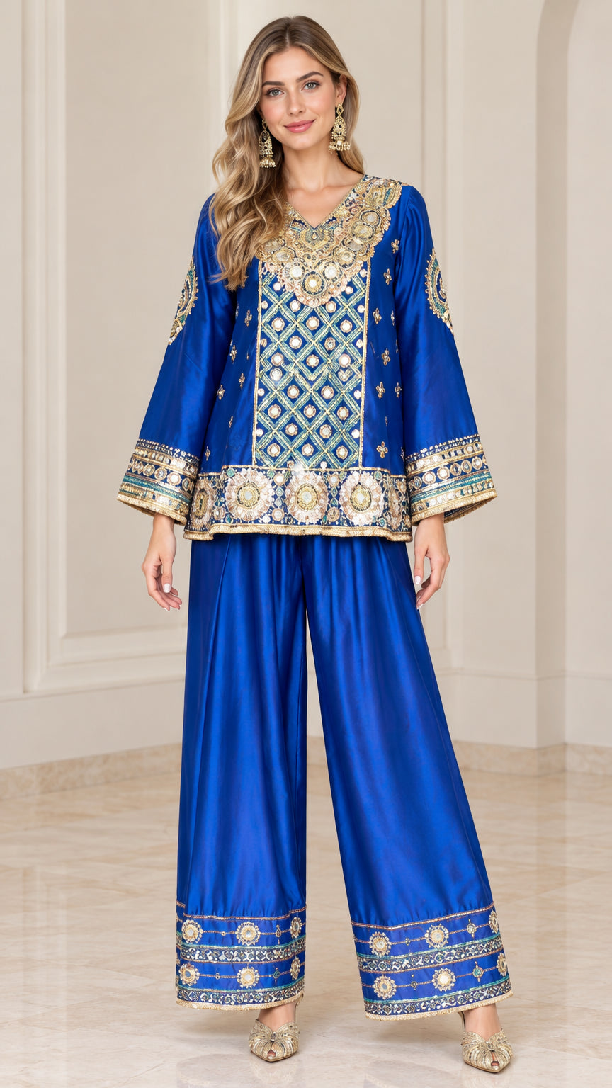 Front view of royal blue embroidered tunic top and wide-leg pant set