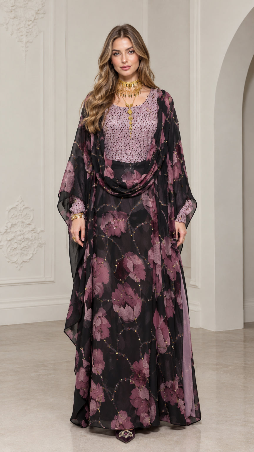 Front view of model wearing black floral print sequin kaftan maxi dress