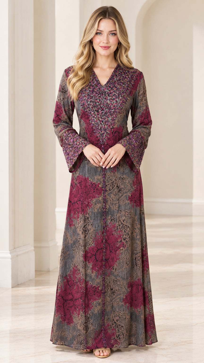 Front full-length view of woman wearing deep burgundy embellished long sleeve maxi dress