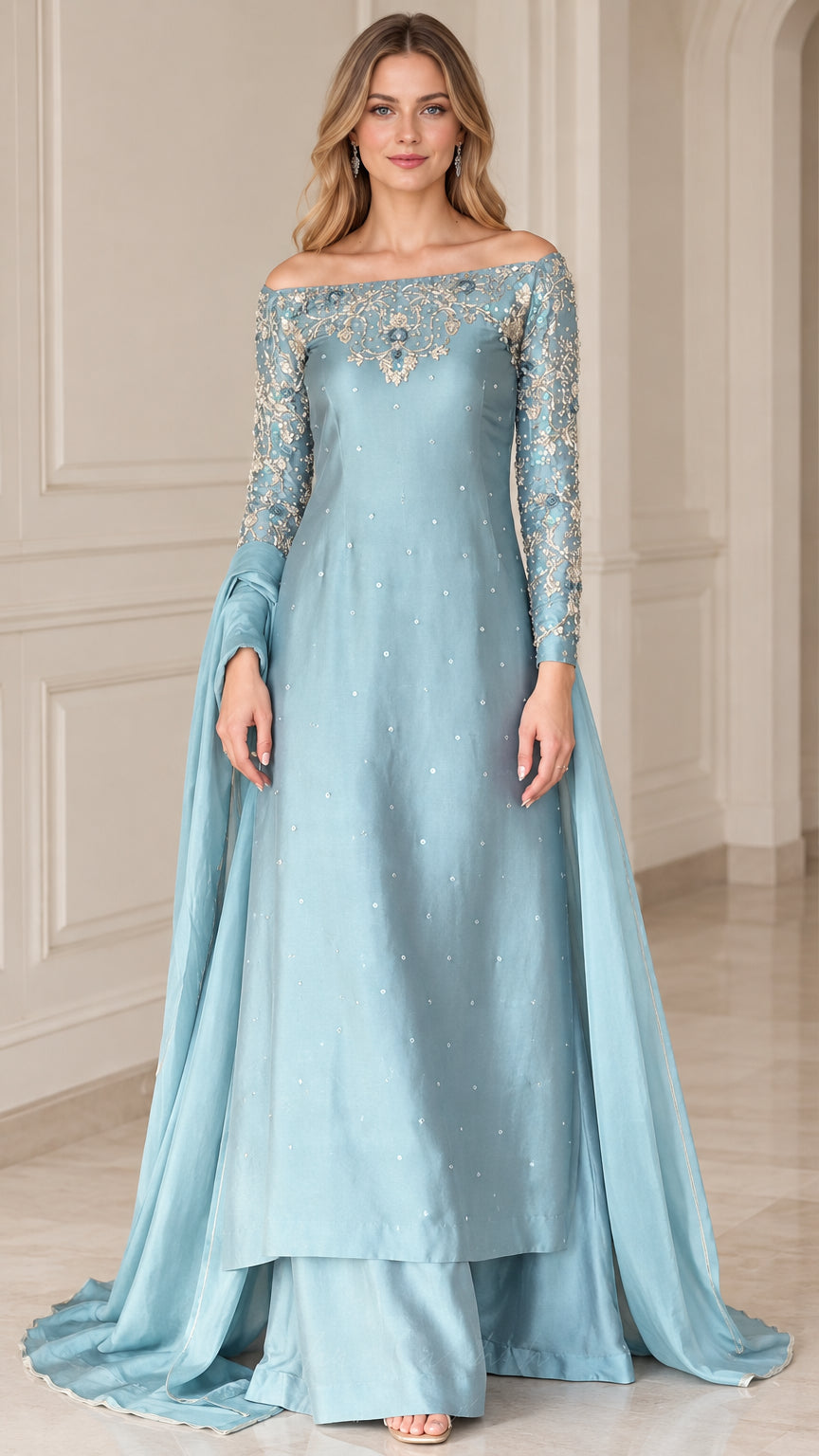 Full front view of dusty blue off-the-shoulder embroidered evening gown set with long sleeves and flowing drape