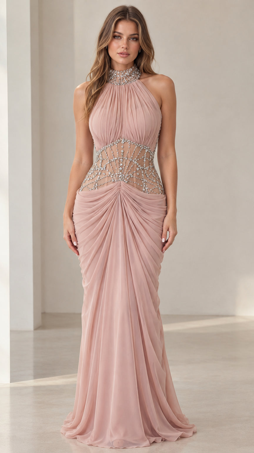 Front view of model wearing dusty pink halter neck beaded illusion waist maxi gown