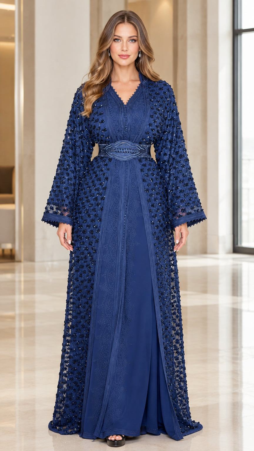 Front view of royal blue beaded lace kaftan maxi dress