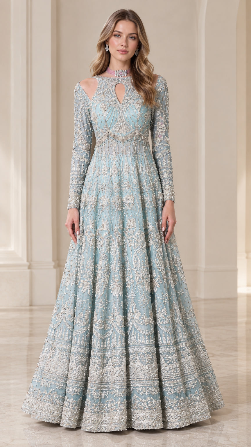 Front view of Light Blue embroidered long-sleeve evening gown with cutouts