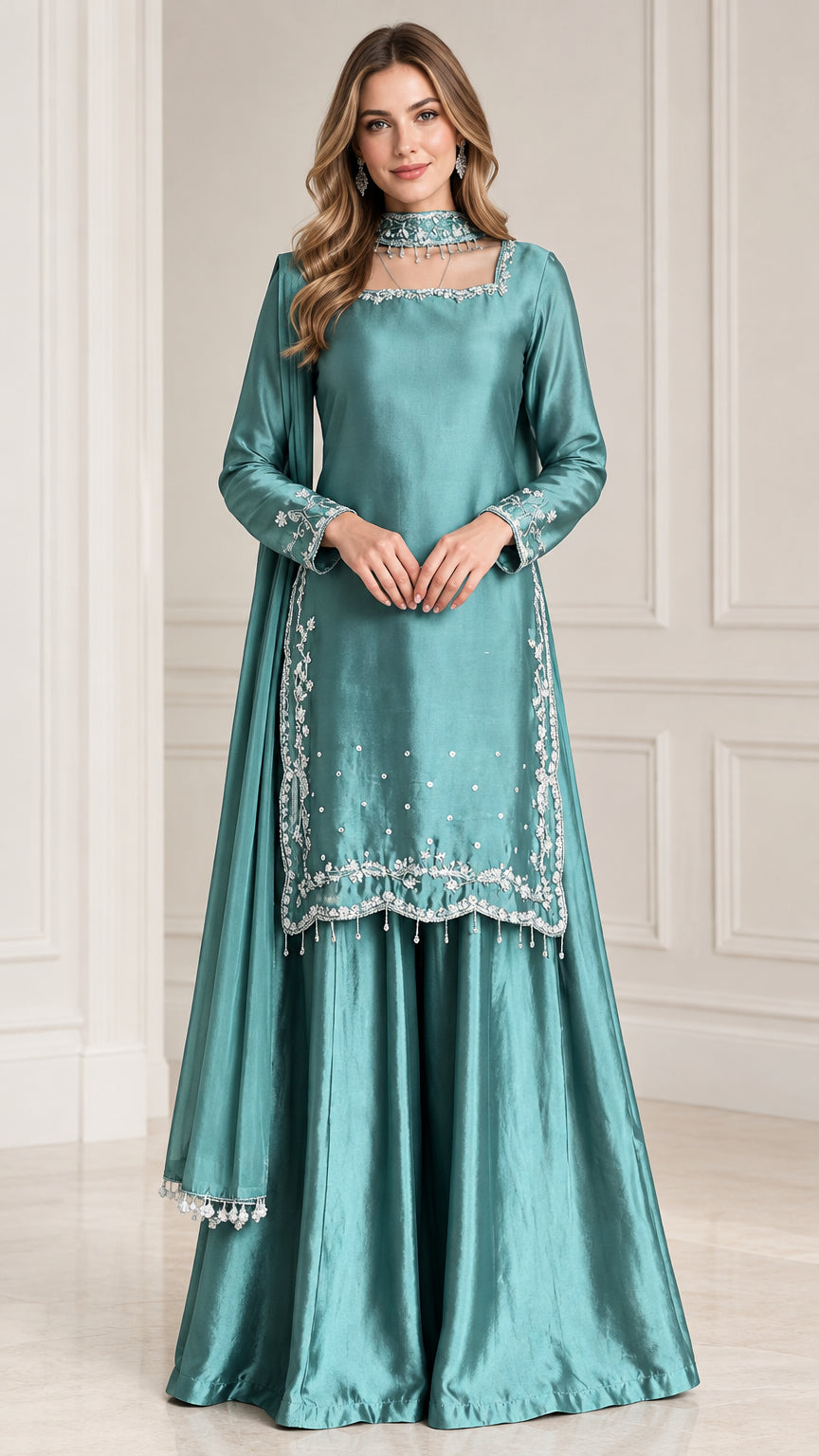 Front full-length view of woman wearing teal embroidered satin sharara suit set