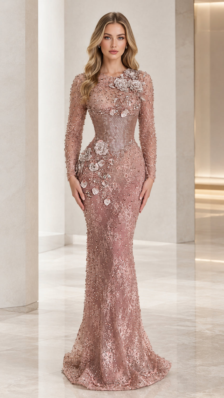 Front view of dusty rose floral appliqué beaded long sleeve mermaid gown