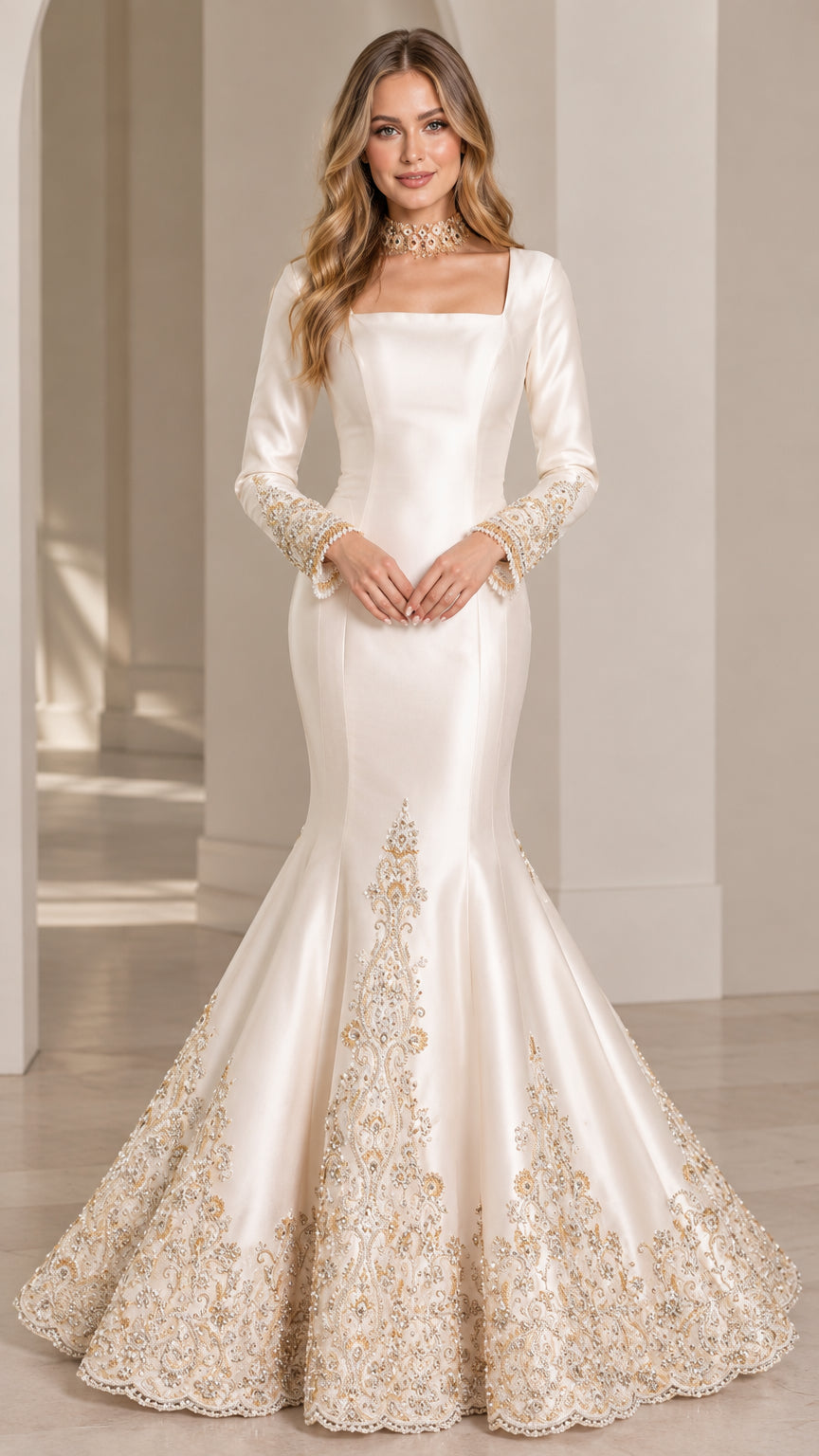 Front view of woman wearing ivory square neck long sleeve mermaid gown with gold embroidery
