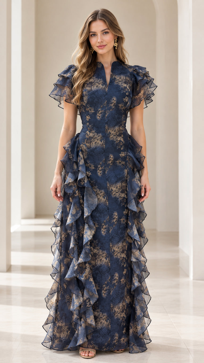Front view of model wearing Navy Blue floral maxi evening gown with cascading ruffles