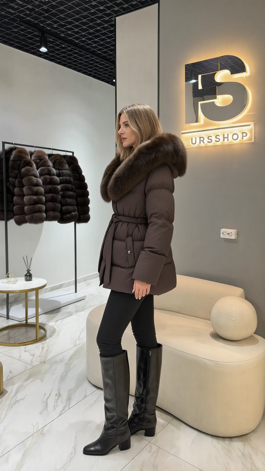Side profile of model wearing brown quilted winter jacket with tie belt