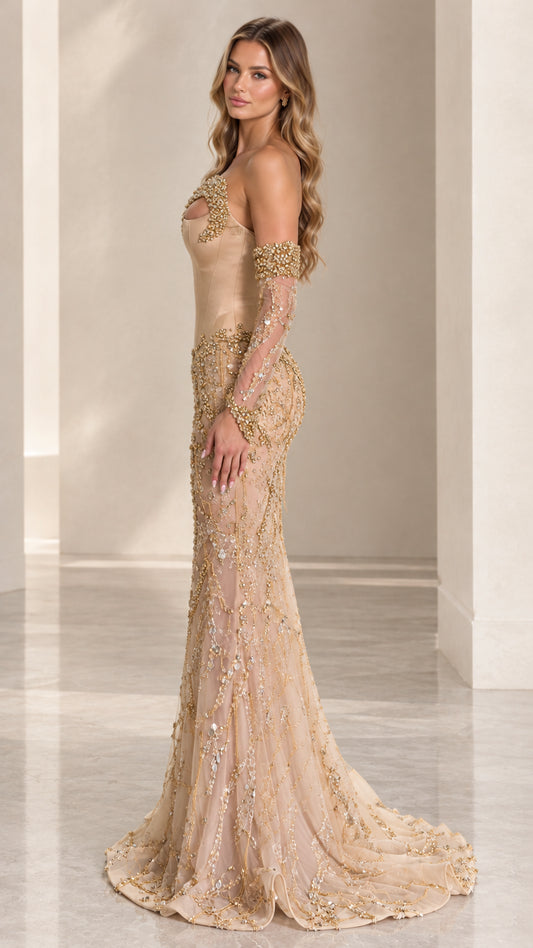 Side profile of champagne embellished mermaid formal dress showing silhouette