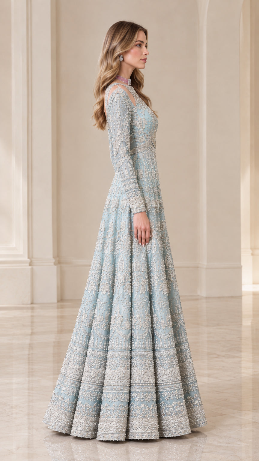 Side profile of Light Blue A-line embroidered maxi gown