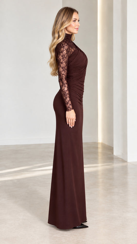 Side profile view of Chocolate Brown lace sleeve ruched maxi dress