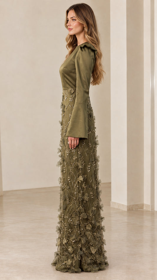 Side profile view of the Olive Green long bell sleeve formal gown