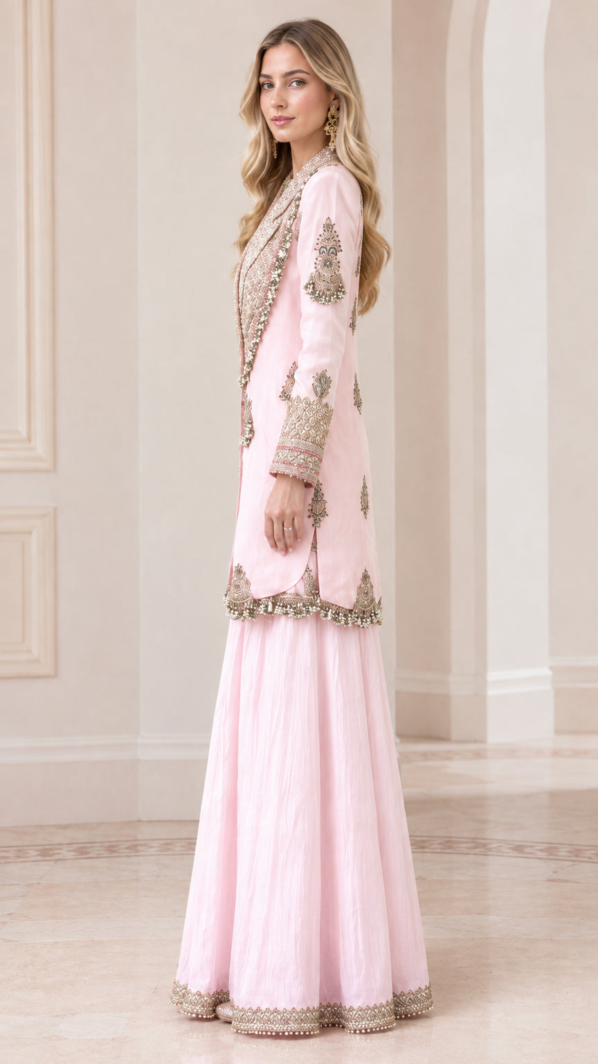 Blush Pink embroidered jacket and flared sharara set side profile
