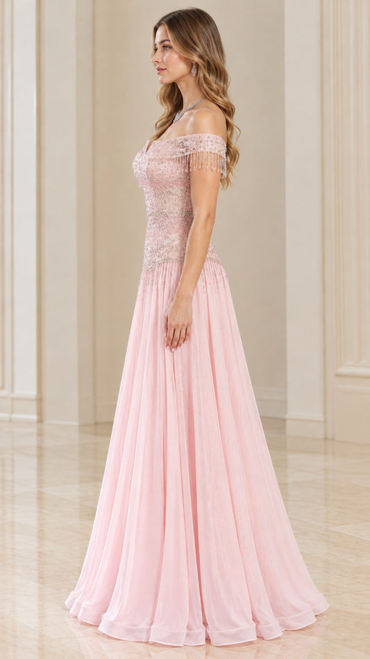 Blush Pink floor-length formal dress side profile view