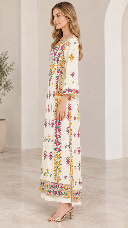 Side profile view of ivory floral embroidered long sleeve maxi dress