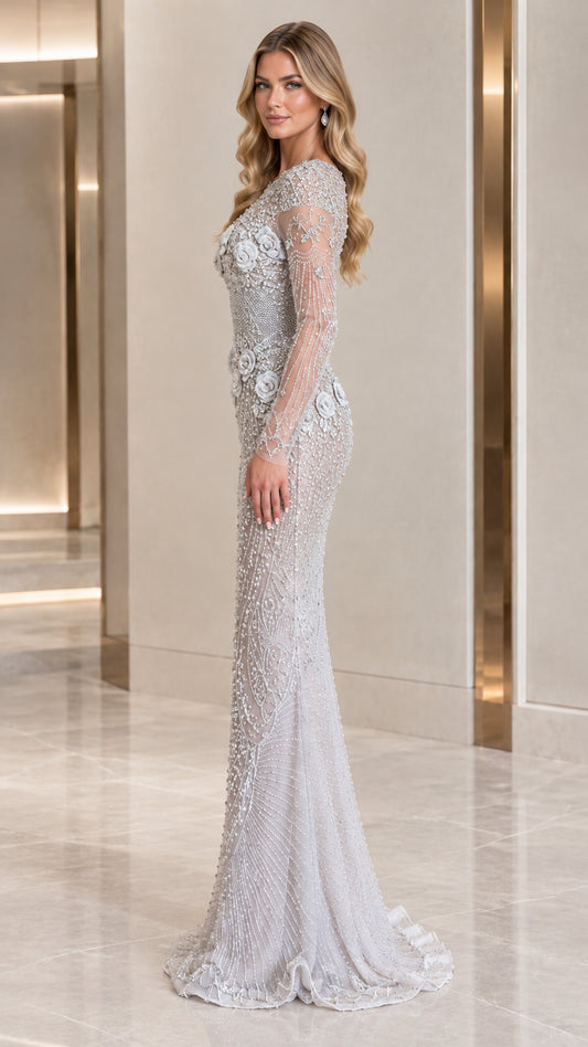 Silver formal mermaid gown side profile view