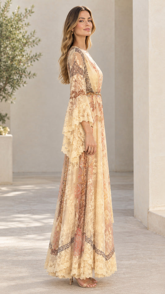 Side profile of elegant champagne lace evening gown with flowing hem