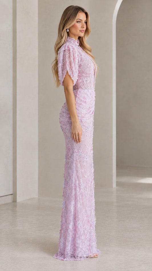 Side profile view of lavender embroidered lace formal evening gown