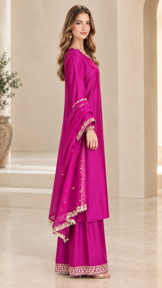 Side angle view of model in magenta 3-piece ethnic kurta set