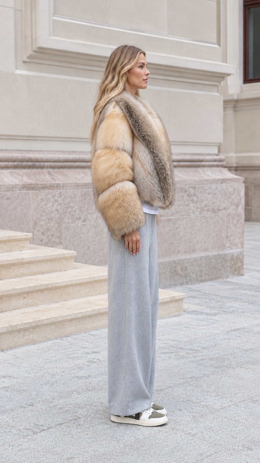 Side profile of Honey Camel cropped fluffy faux fur coat