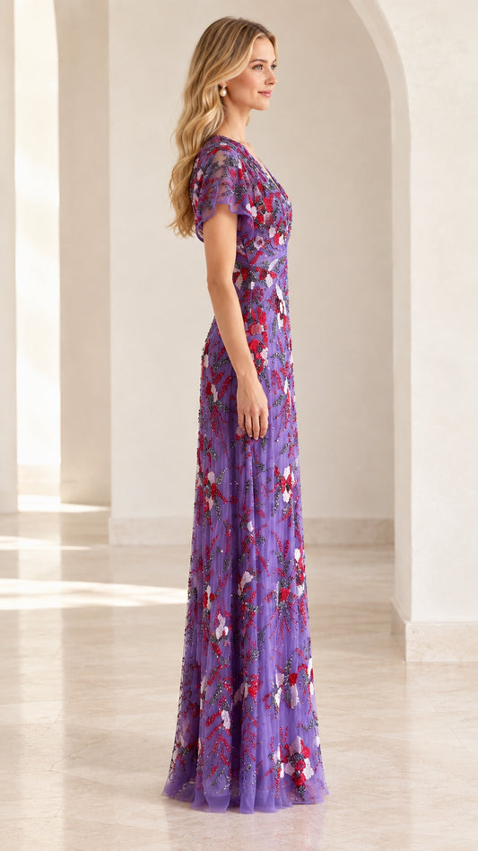 Side profile view of purple sequined floral maxi dress with short flutter sleeves