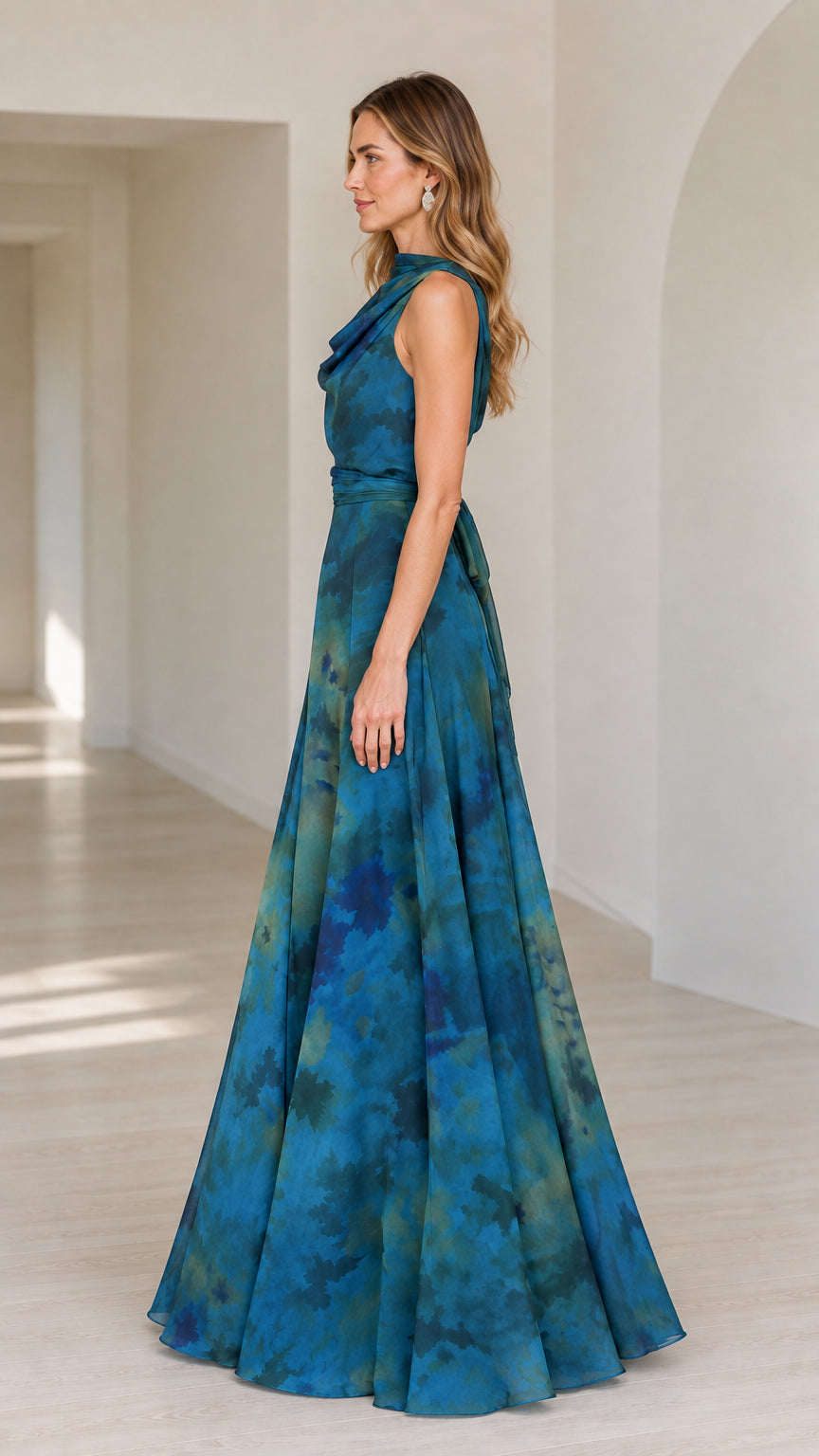 Side profile view of woman modeling the teal blue abstract print A-line evening dress