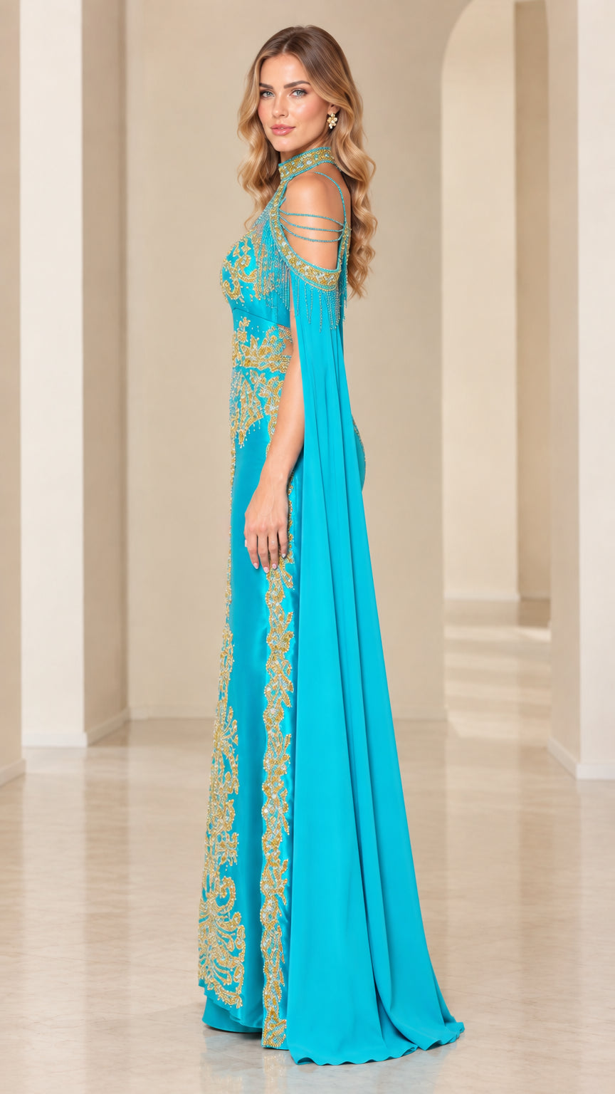 Side view of turquoise halter cape gown showing tailored fit and flowing cape