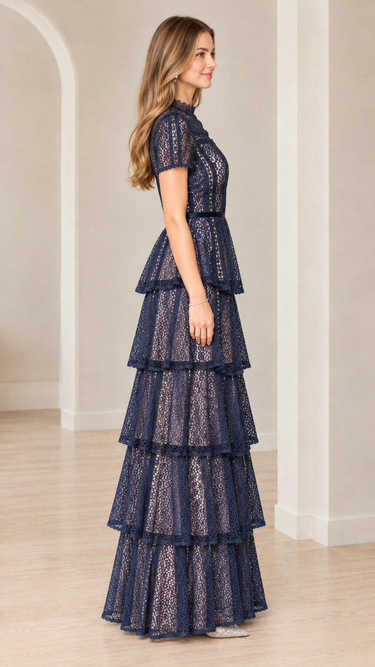 Side profile view of Navy Blue tiered lace evening maxi dress