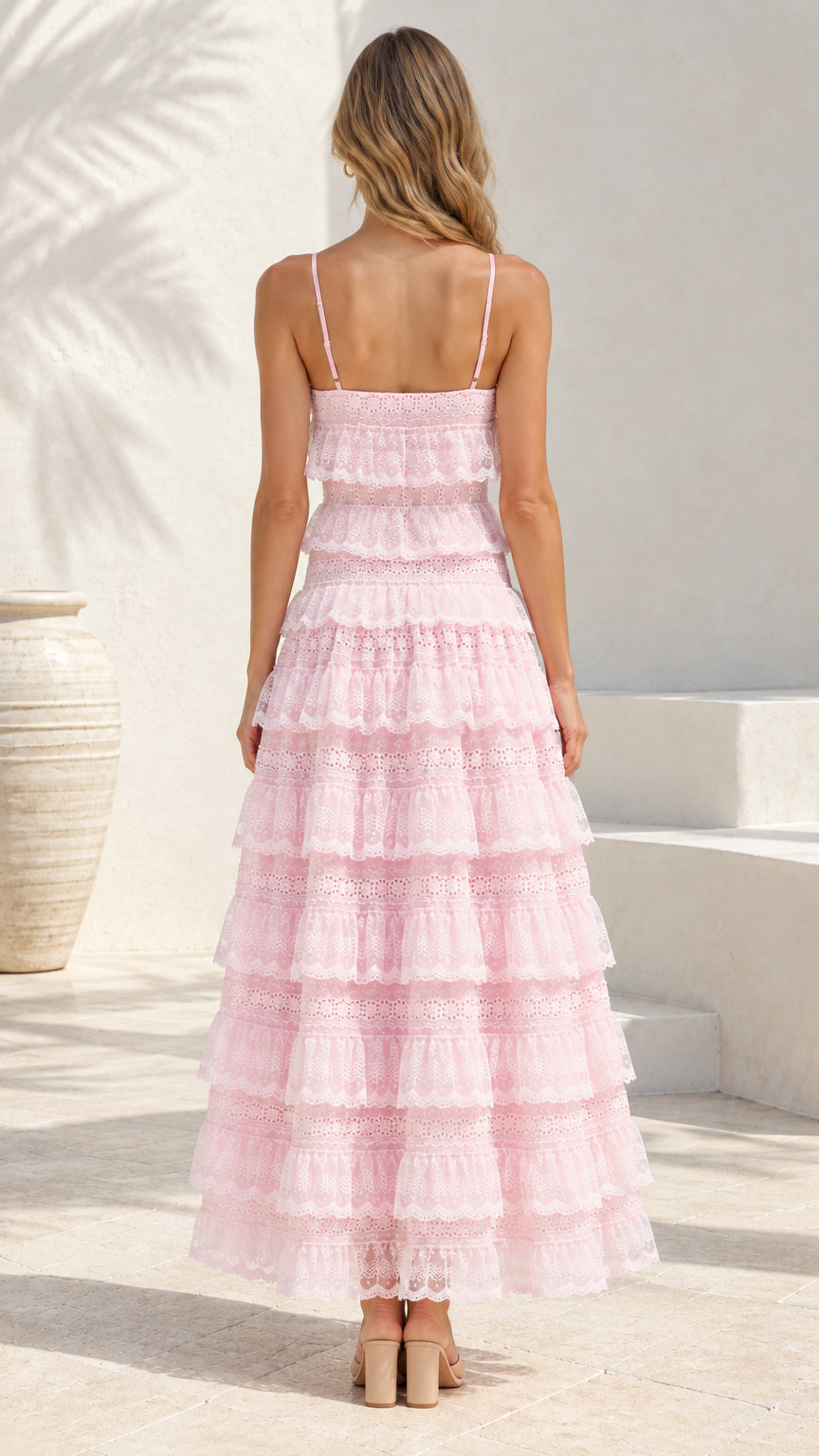 Back view of woman wearing Light Pink spaghetti strap tiered lace maxi dress