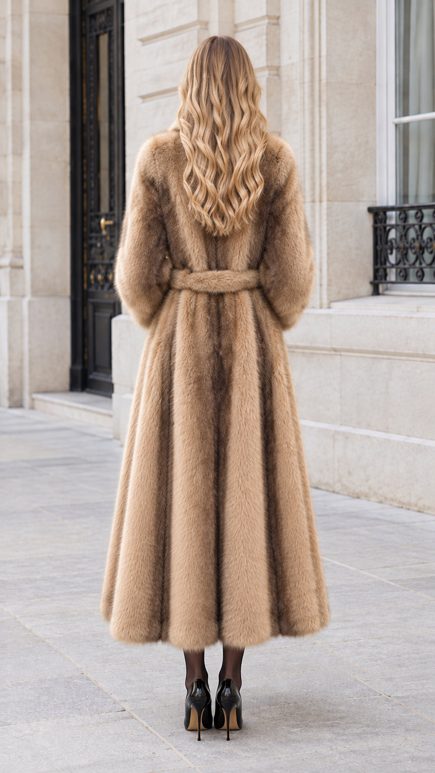 Rear view of longline camel faux fur coat showcasing flowing hemline and waist belt
