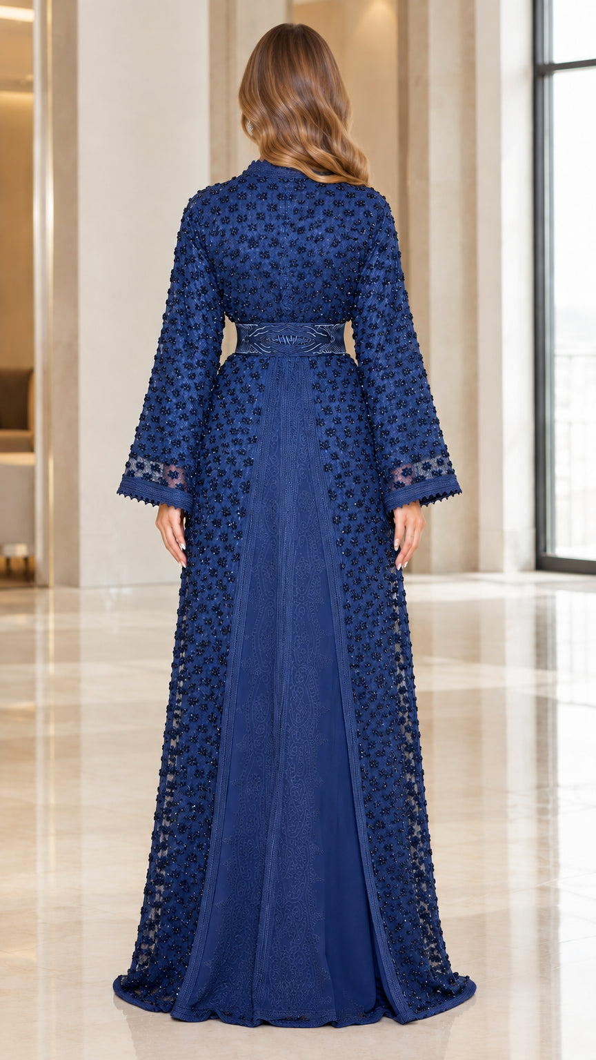 Back view of royal blue floor-length beaded lace dress