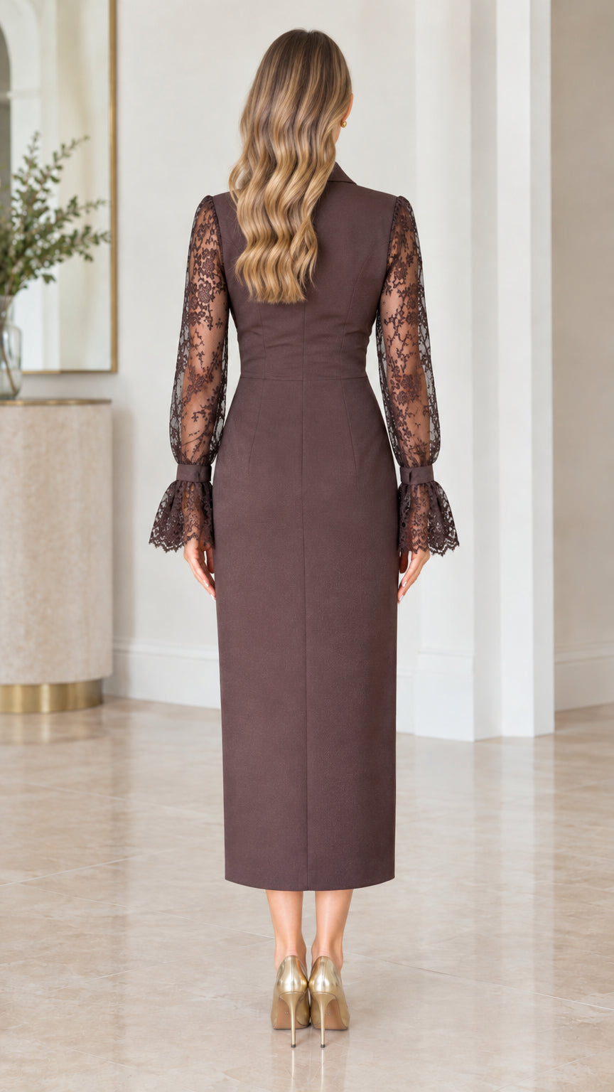 Back view of chocolate brown midi pencil dress with long lace sleeves