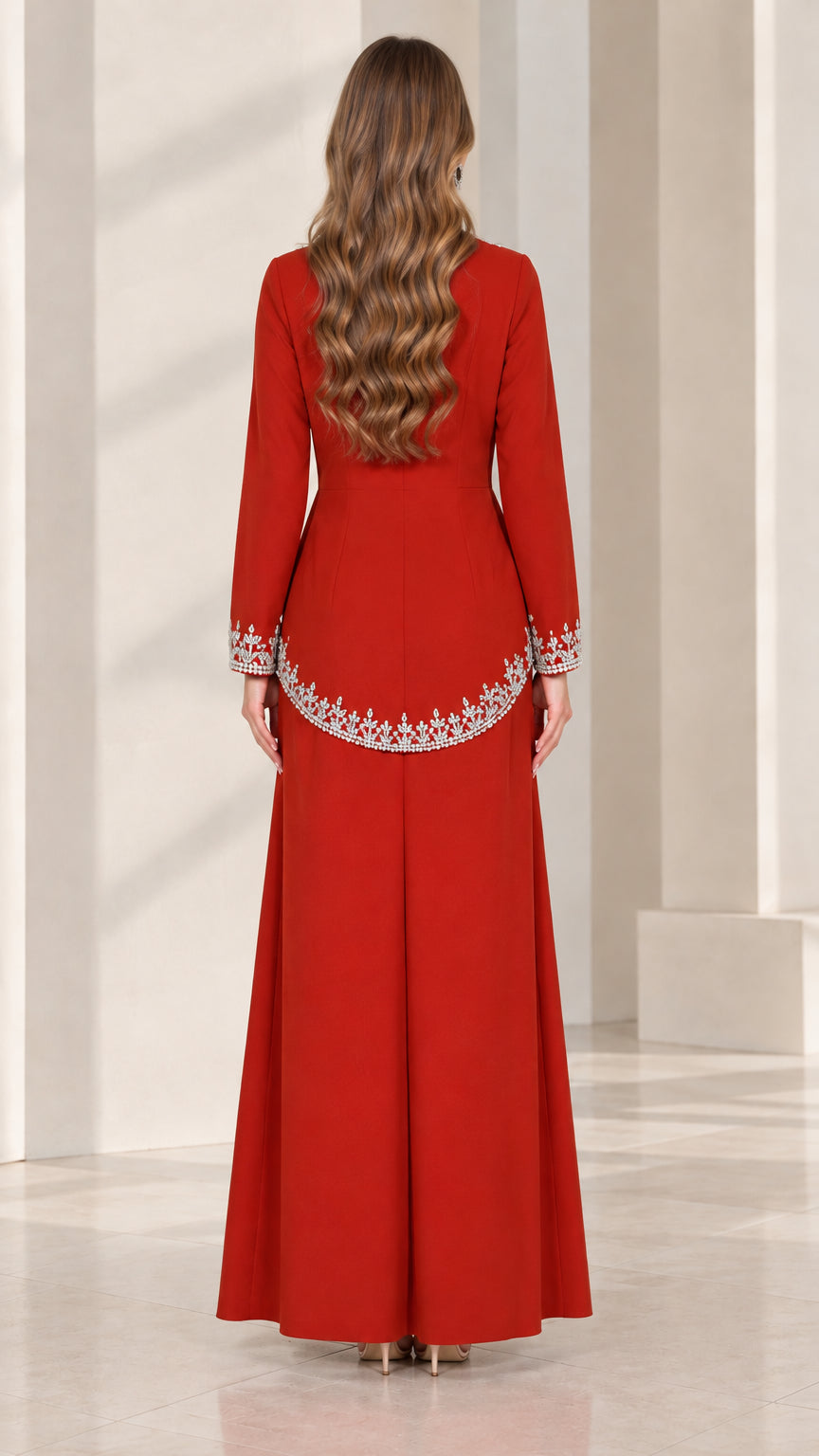 Back view of red formal jacket showing sparkling embellished scalloped hemline
