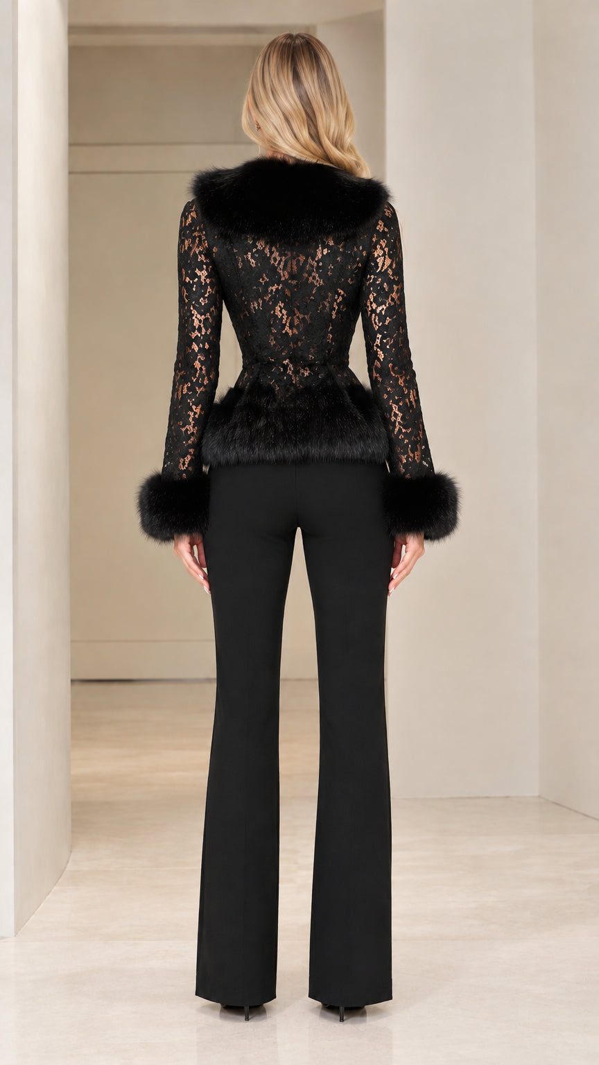 Back full-length view of black floral lace peplum jacket with faux fur trim