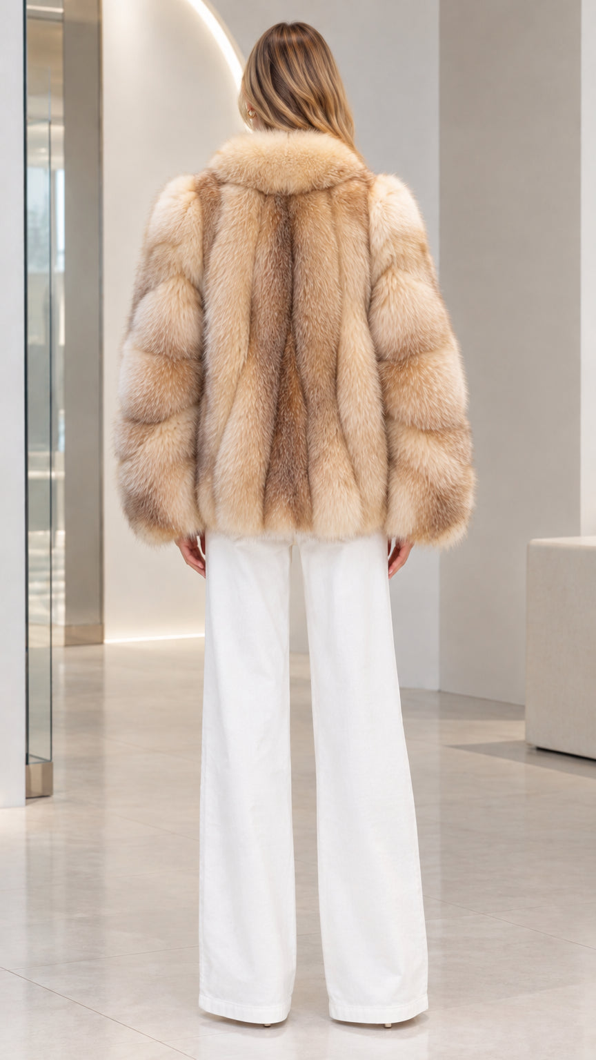 Back view of model in Natural Beige plush faux fur jacket showcasing full texture