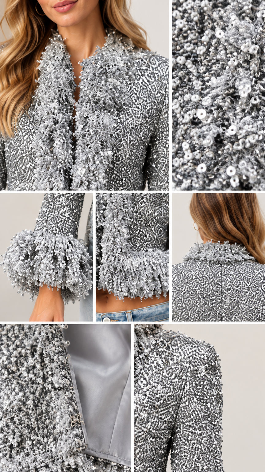 Close-up details of sequin tweed fabric, fringe trim, cuffs, and inner lining