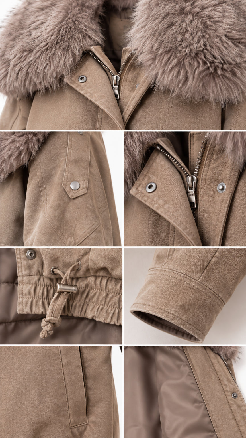 Detailed close-up collage showing the faux fur texture, metal zipper, snaps, toggle hem, and lining