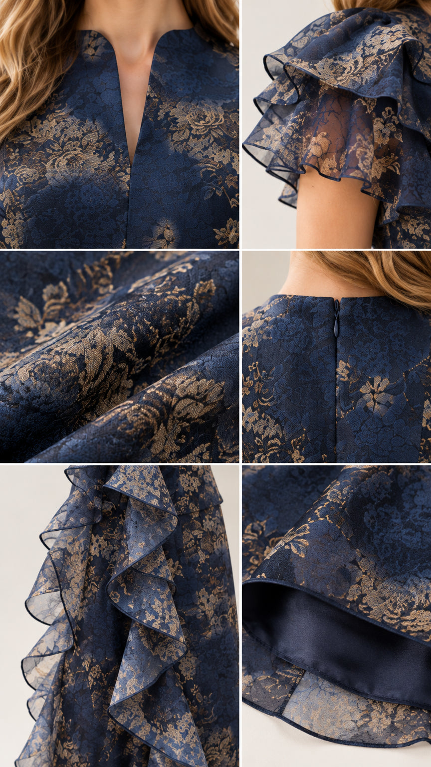 Detailed close-ups of neckline, flutter sleeve, floral fabric, back zip, and ruffles