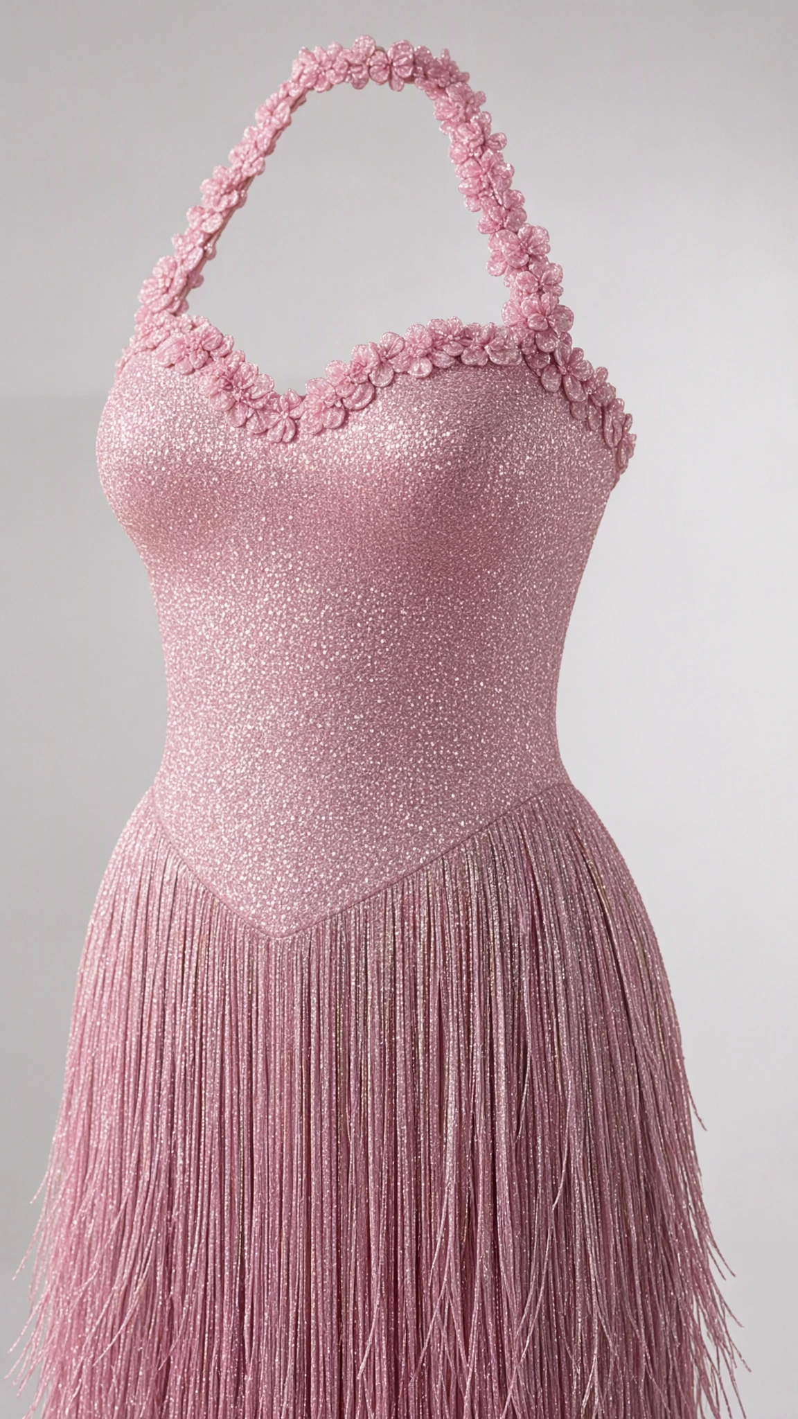 Close-up of floral appliqué halter neckline and pink shimmer fringe bodice