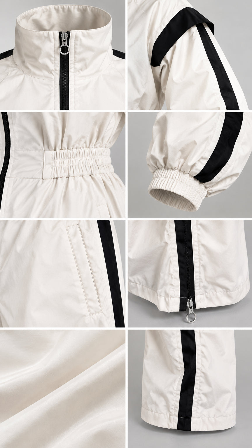 Close-up details of collar zipper, elastic waist, cuff, and fabric texture on cream jumpsuit