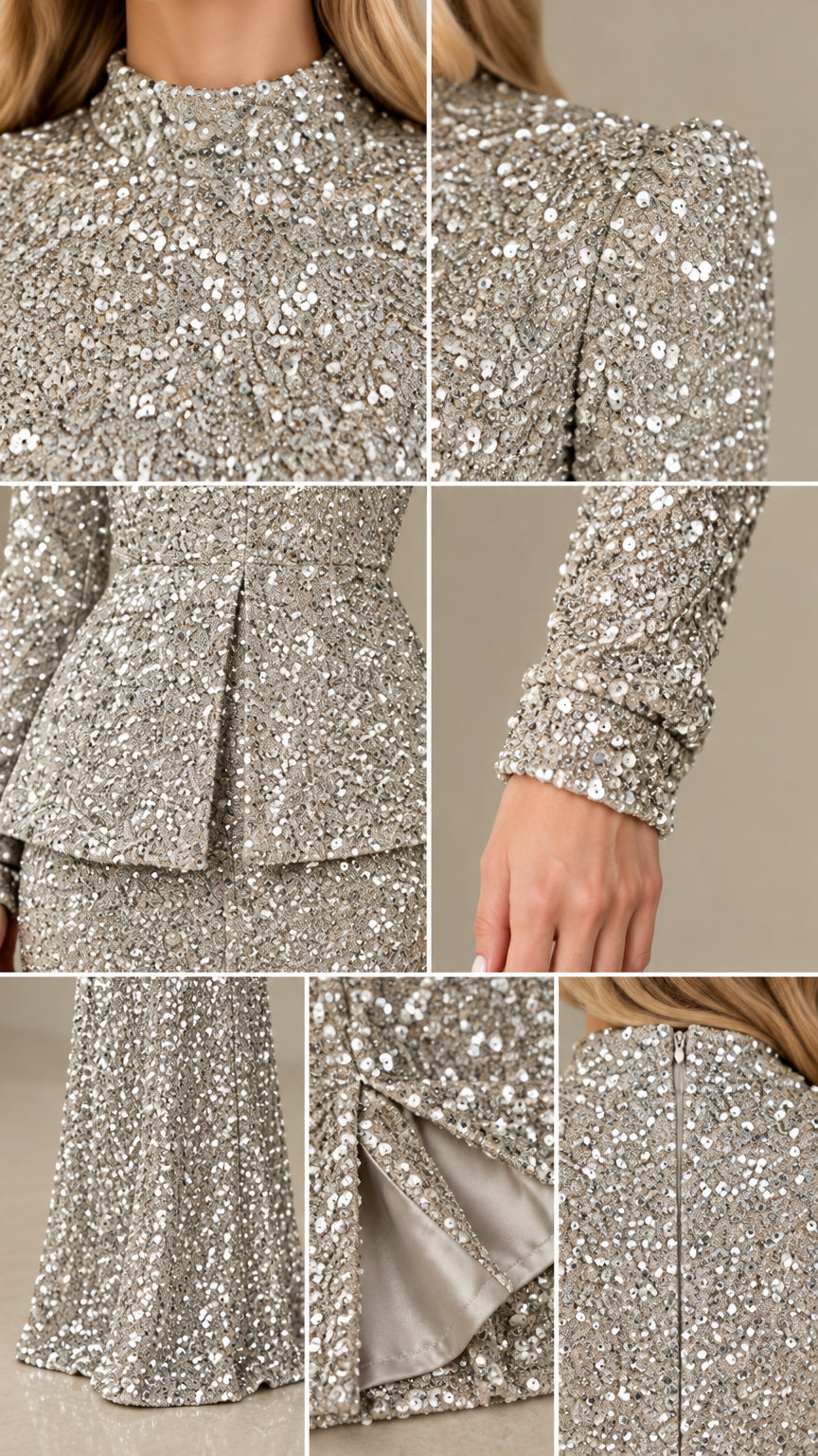 Close-up detail shots showing high mock neckline, peplum fold, sequined sleeve cuff, lined hem, and back zipper