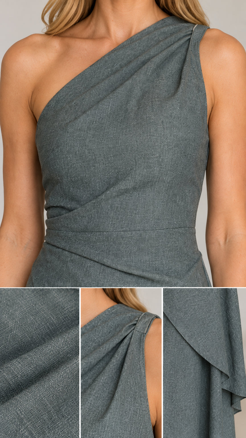 Close-up details of the pleated one-shoulder bodice and textured woven fabric