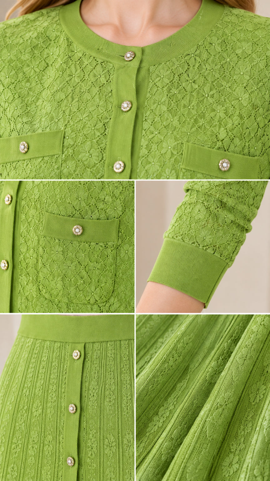Close-up details of lime green knit texture ornate buttons and pockets
