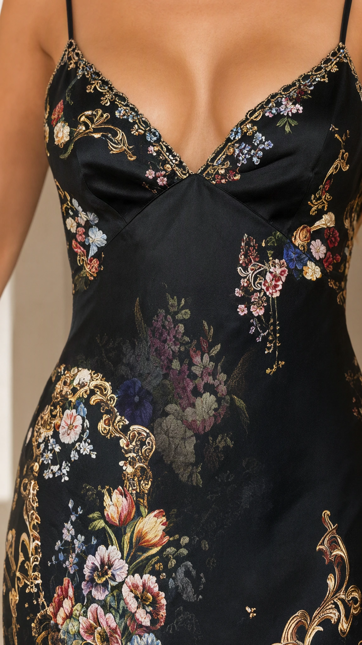 Close-up detail of sweetheart neckline and floral print on satin dress