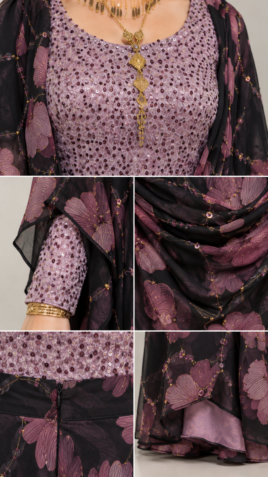 Close-up details of sequin bodice, sleeve cuffs, and printed fabric