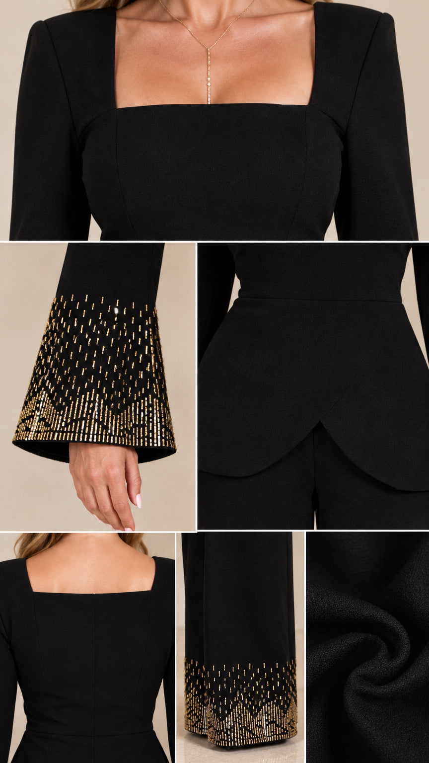 Close-up details of square neckline, embellished flared cuffs, curved hem, and textured fabric