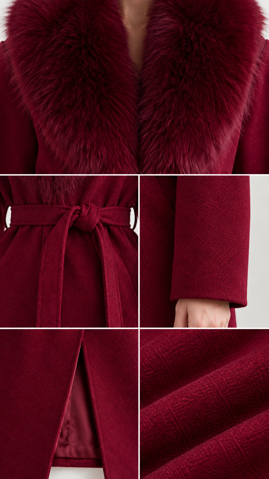 Close-up details of burgundy coat showing plush collar, tied belt, cuffs, and lining slit