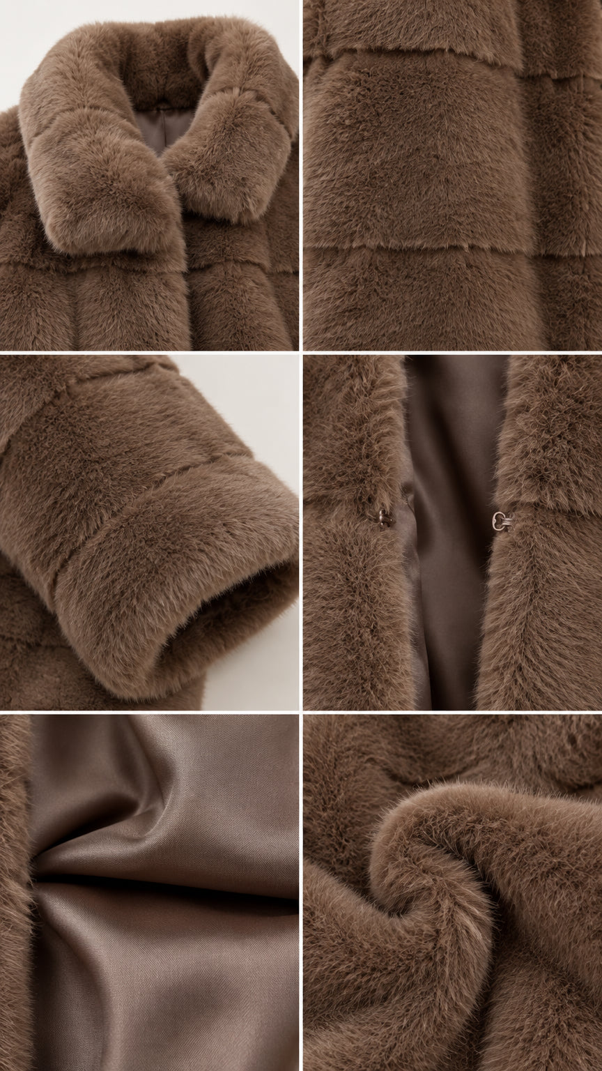 Close-up details of faux fur texture, turn-down collar, sleeve cuff, and inner satin lining