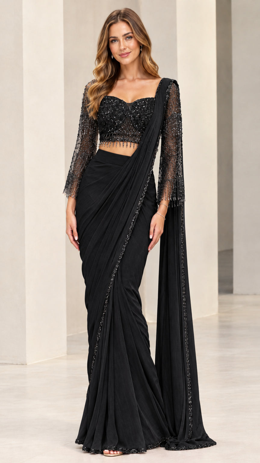 Black pre-draped saree set with embellished long-sleeve crop top