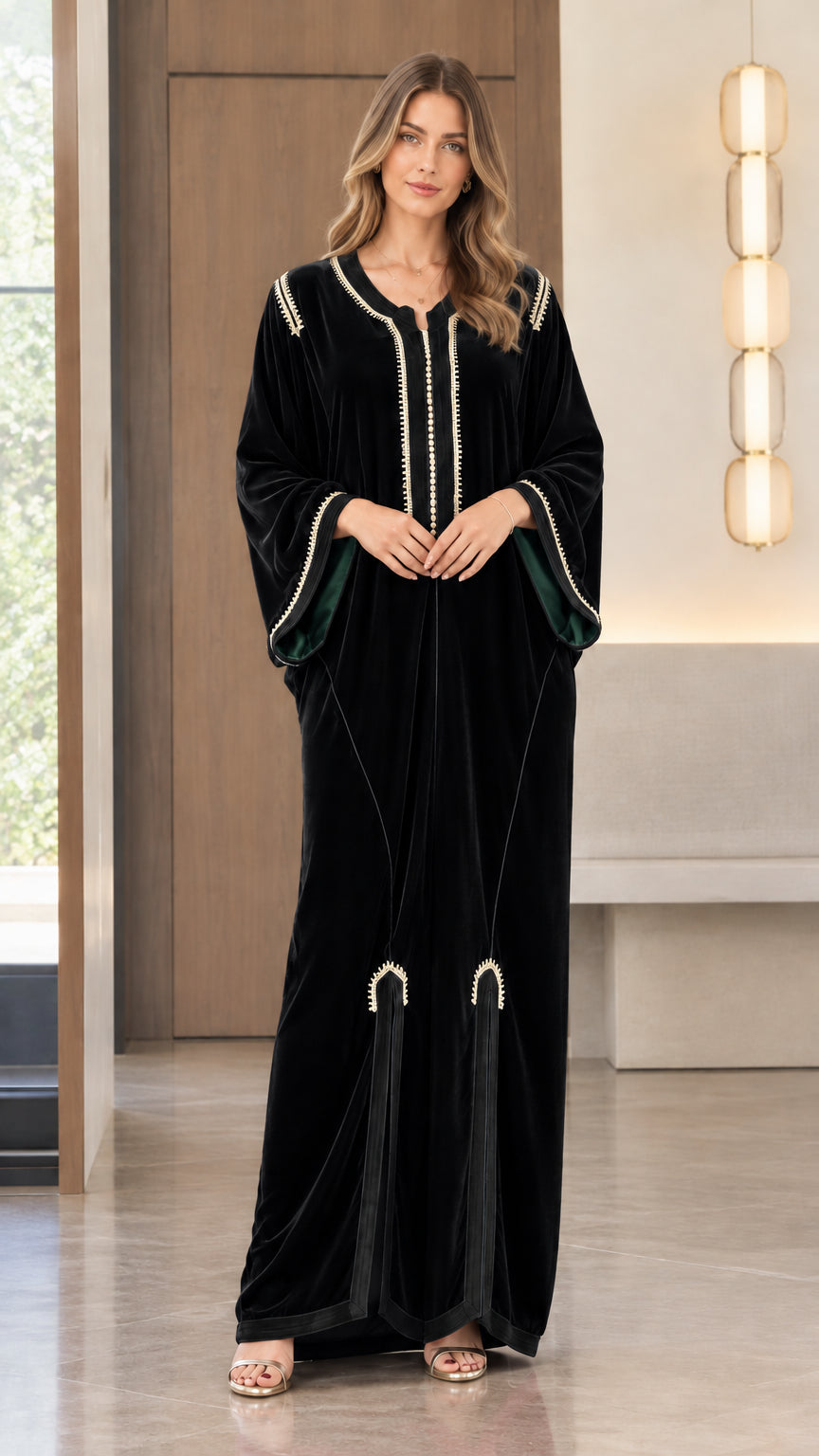 Full front view of model wearing the Black embroidered velvet kaftan maxi dress